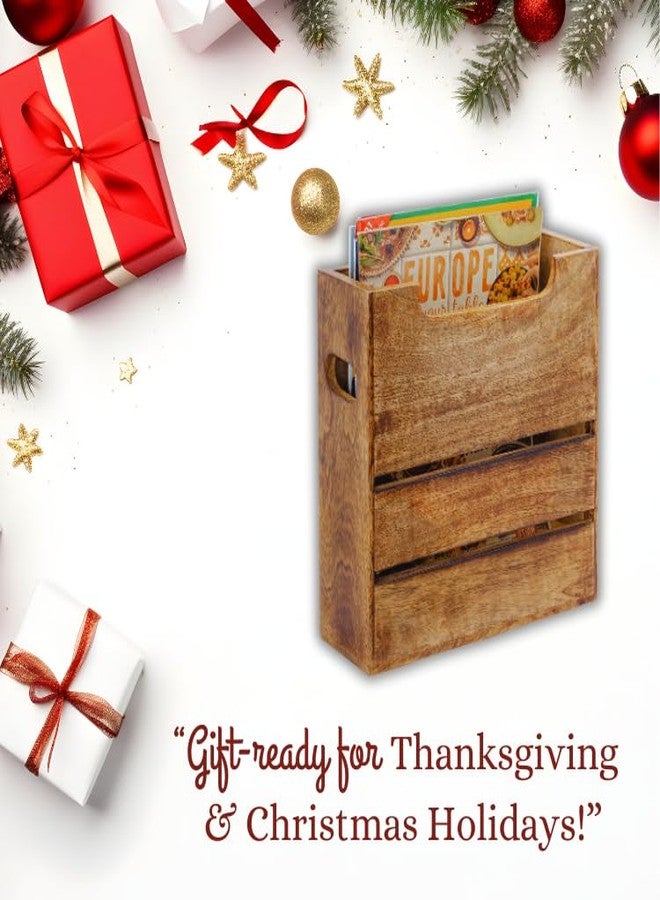 Mie Creations Wooden Magazine Holder Rack with Handle, Decorative Magazine Storage Basket for File, Folder, Books, Newspaper | Rustic Brown Magazine Bin Display Stand, Office Desk Organizer 10-inch - Image 3